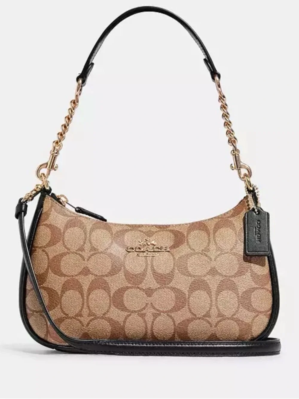 Coach Teri shoulder bag features the signature khaki and black monogram canva.